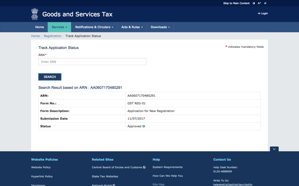 GST Registration Application Status