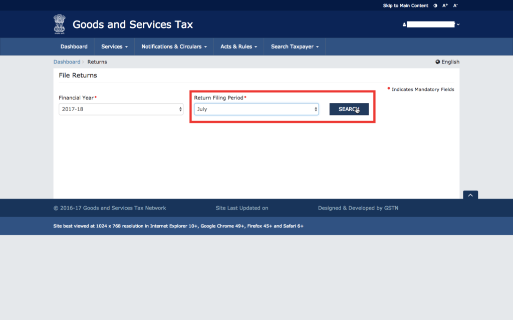 Select GST Return Month and Click Search
