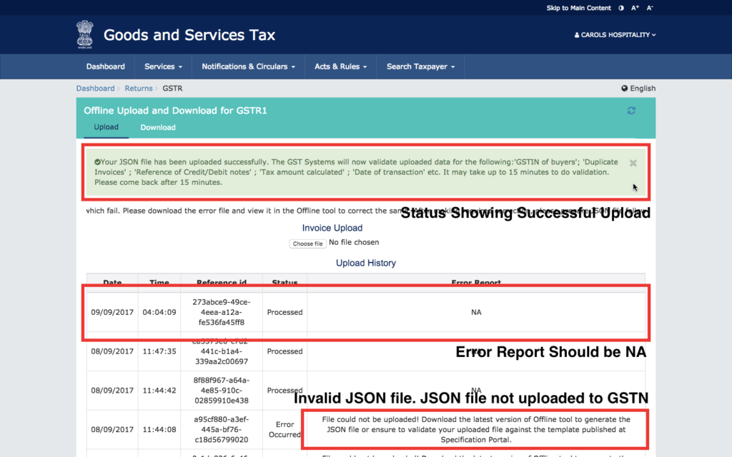 Step 4 - Successful upload of JSON file to GSTN