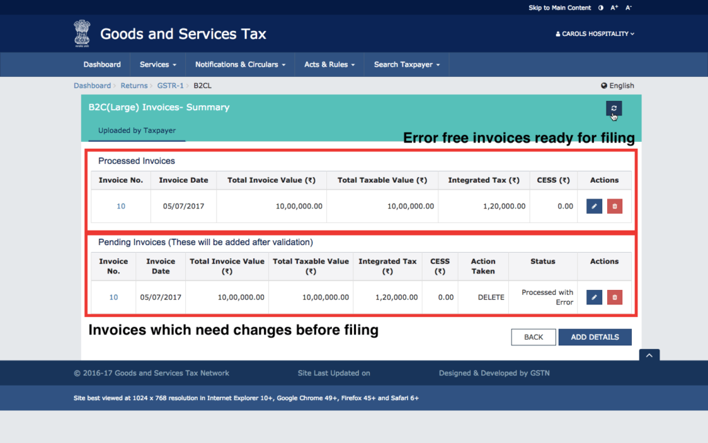 Step 5 - Uploaded invoices will be shown on GST portal