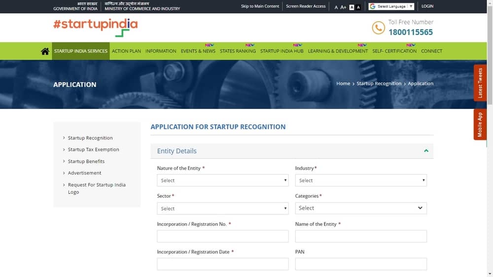 Step 1 - Log on Startup India Portal