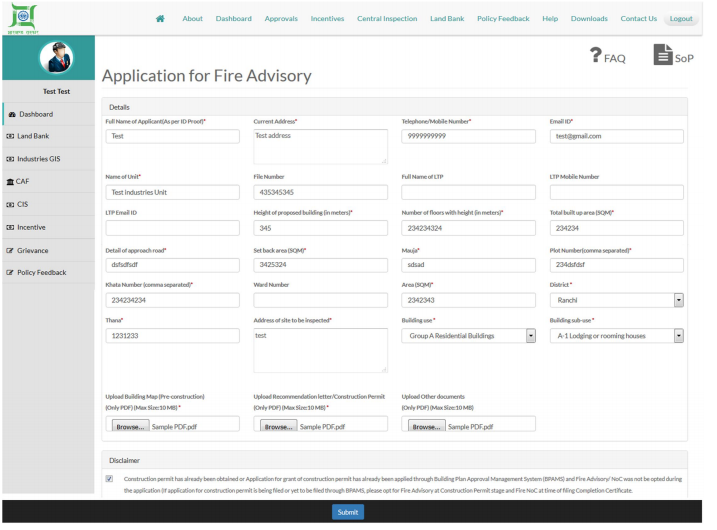 Jharkhand Fire License - Application for Advisory for Fire Safety