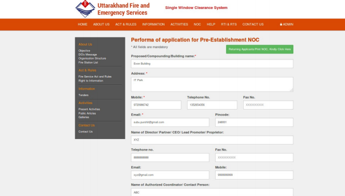 Uttarakhand Fire License - Application Form