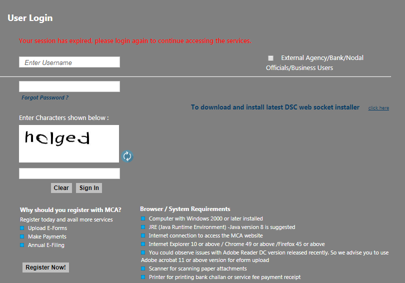 MCA portal for uploading e-forms