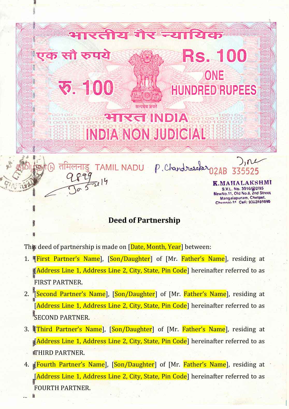 Partnership Deed format in India