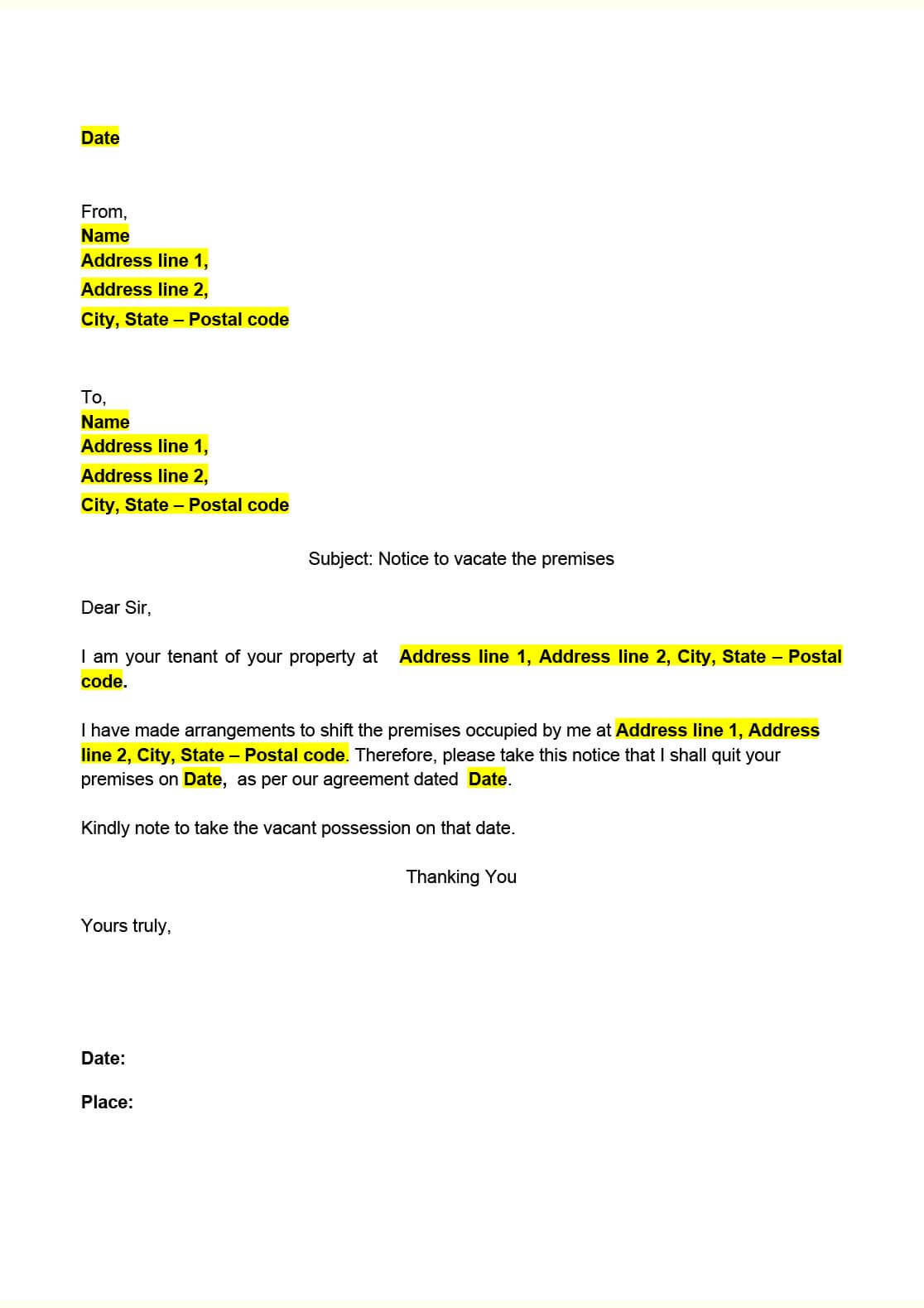 Sample Letter From Landlord To Tenant Notice To Vacate from www.indiafilings.com