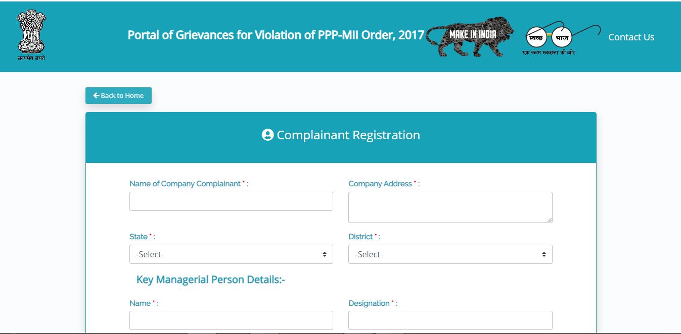 Portal of Grievances for Violation of PPP-MII Order - User Registration