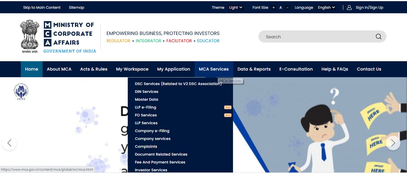 How do I check if a company is in MCA - MCA Homepage.