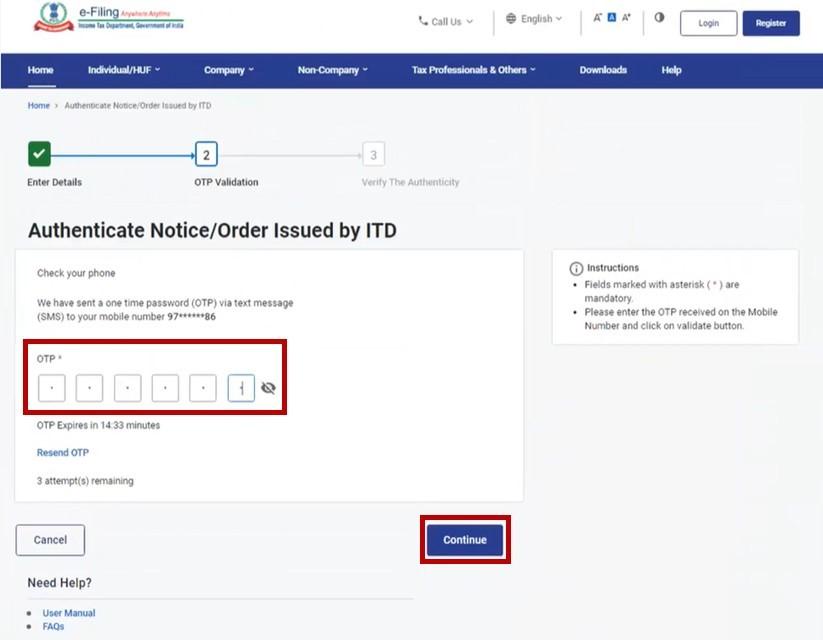 Authenticate Income Tax Notice _ Using DIN and Mobile Number